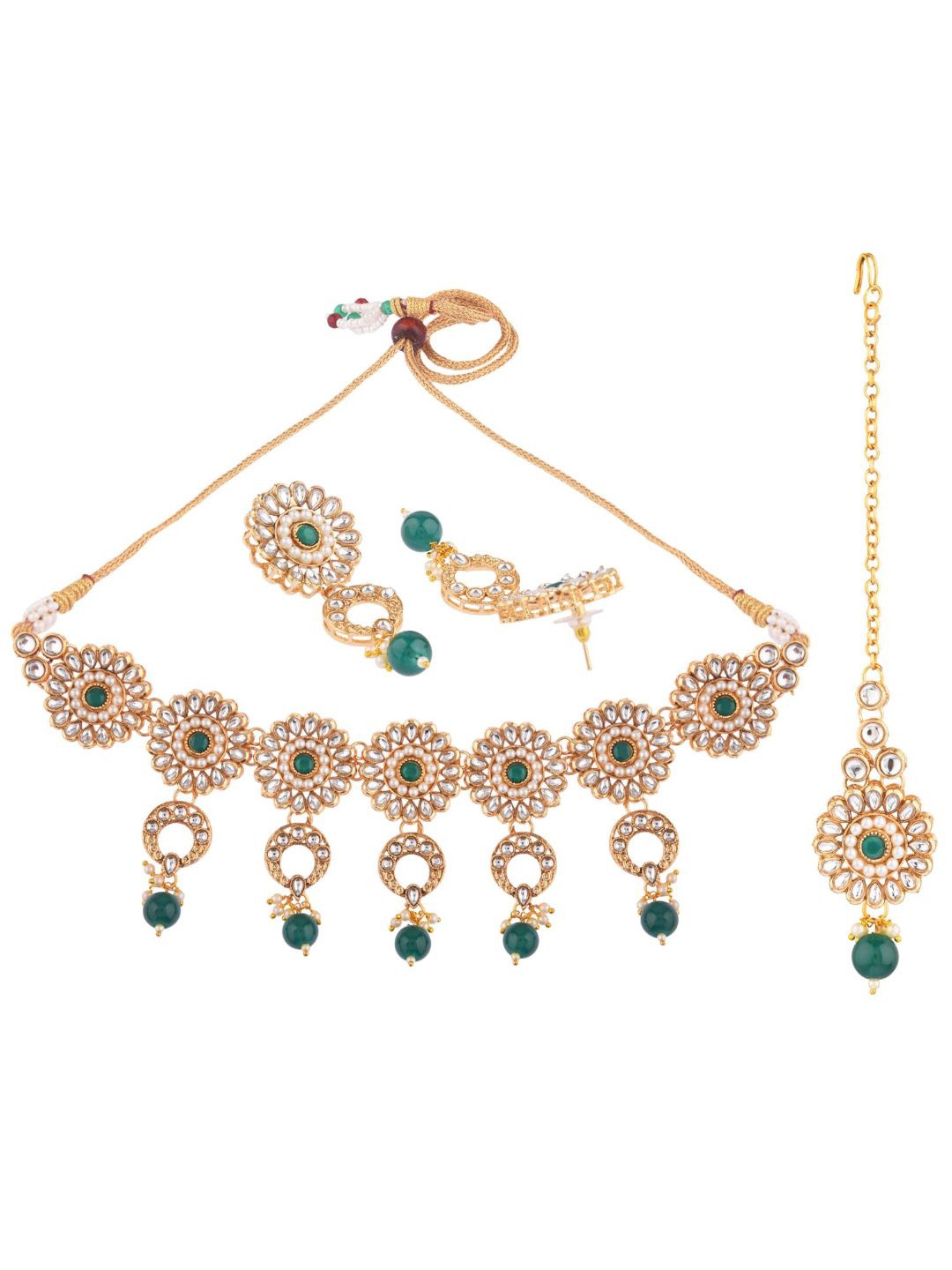 

Efulgenz Gold-Plated Green & White Crystals-Studded & Beaded Jewellery Set