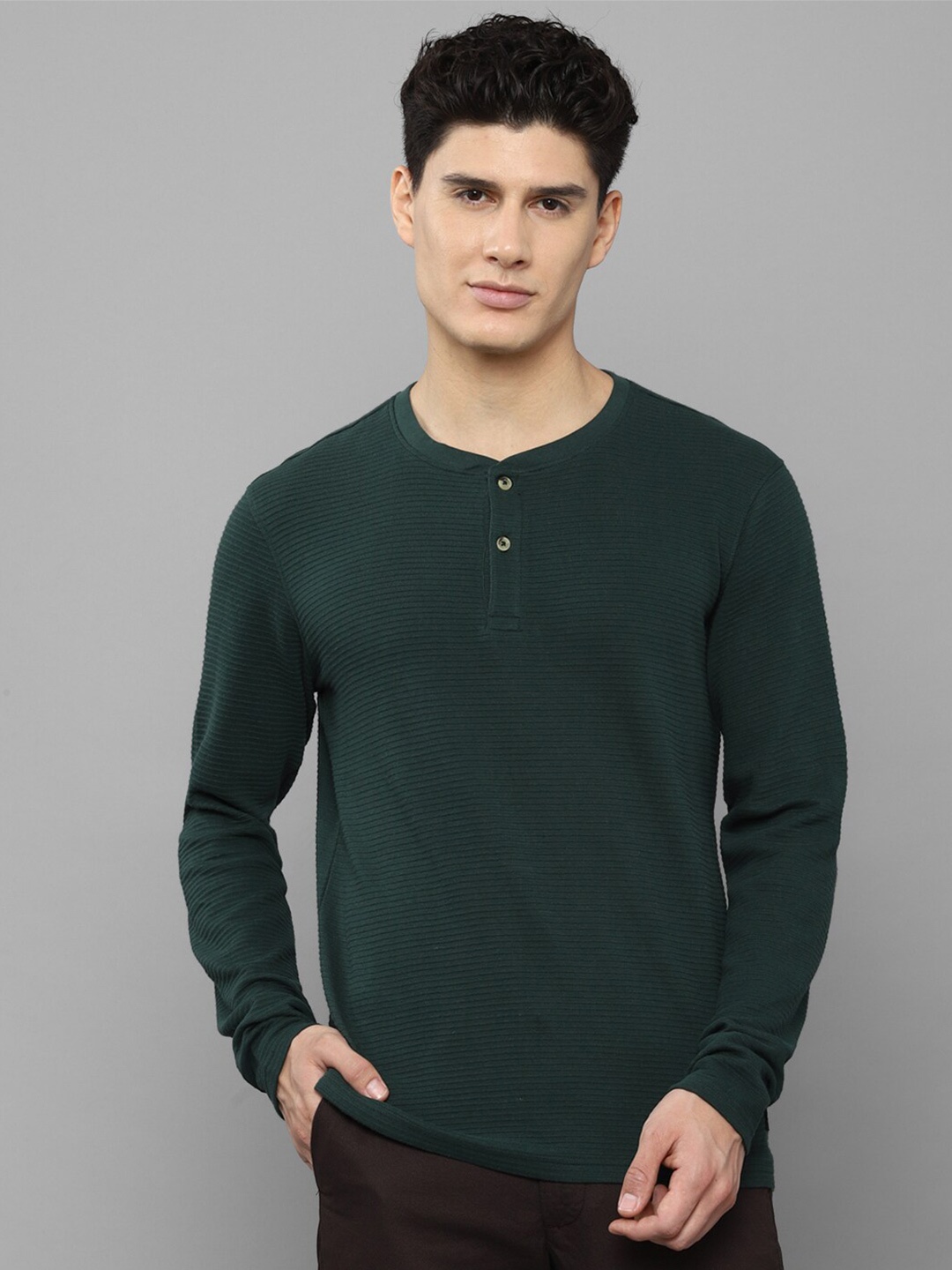 

Allen Solly Men Green Striped Henley Neck Slim Fit Cotton T-shirt
