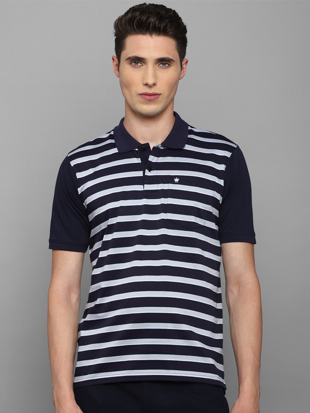 

Louis Philippe Men Navy Blue & White Striped Pure Cotton Polo Collar T-shirt