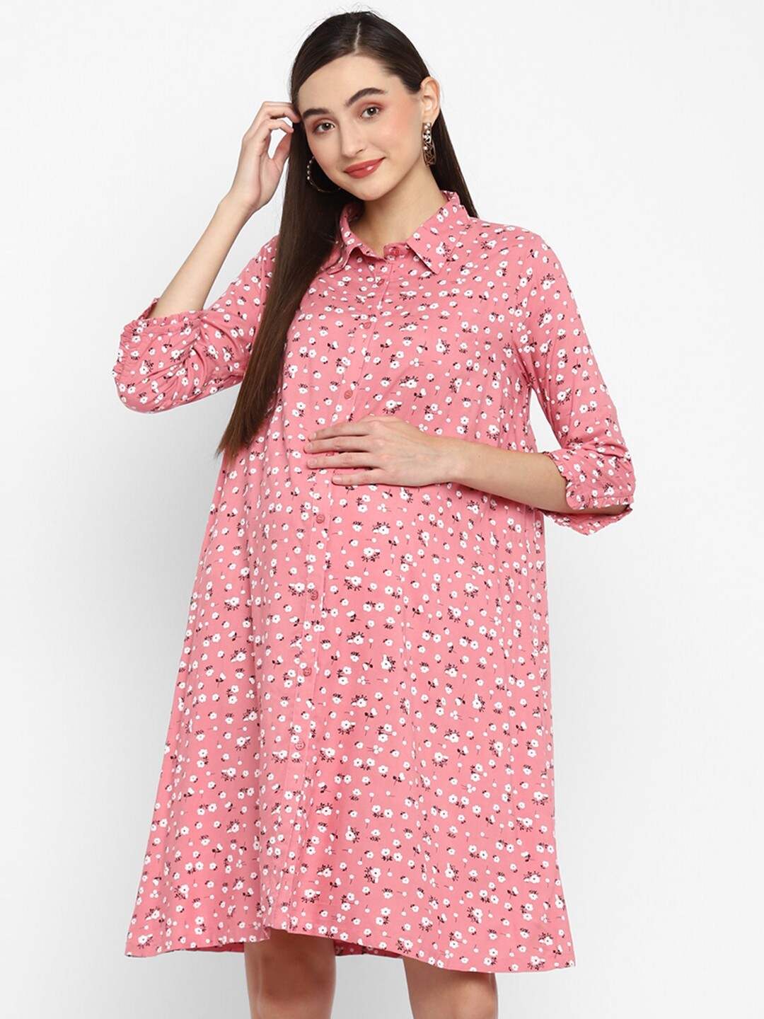 

Momsoon Maternity Pink & White Floral Maternity Shirt Dress
