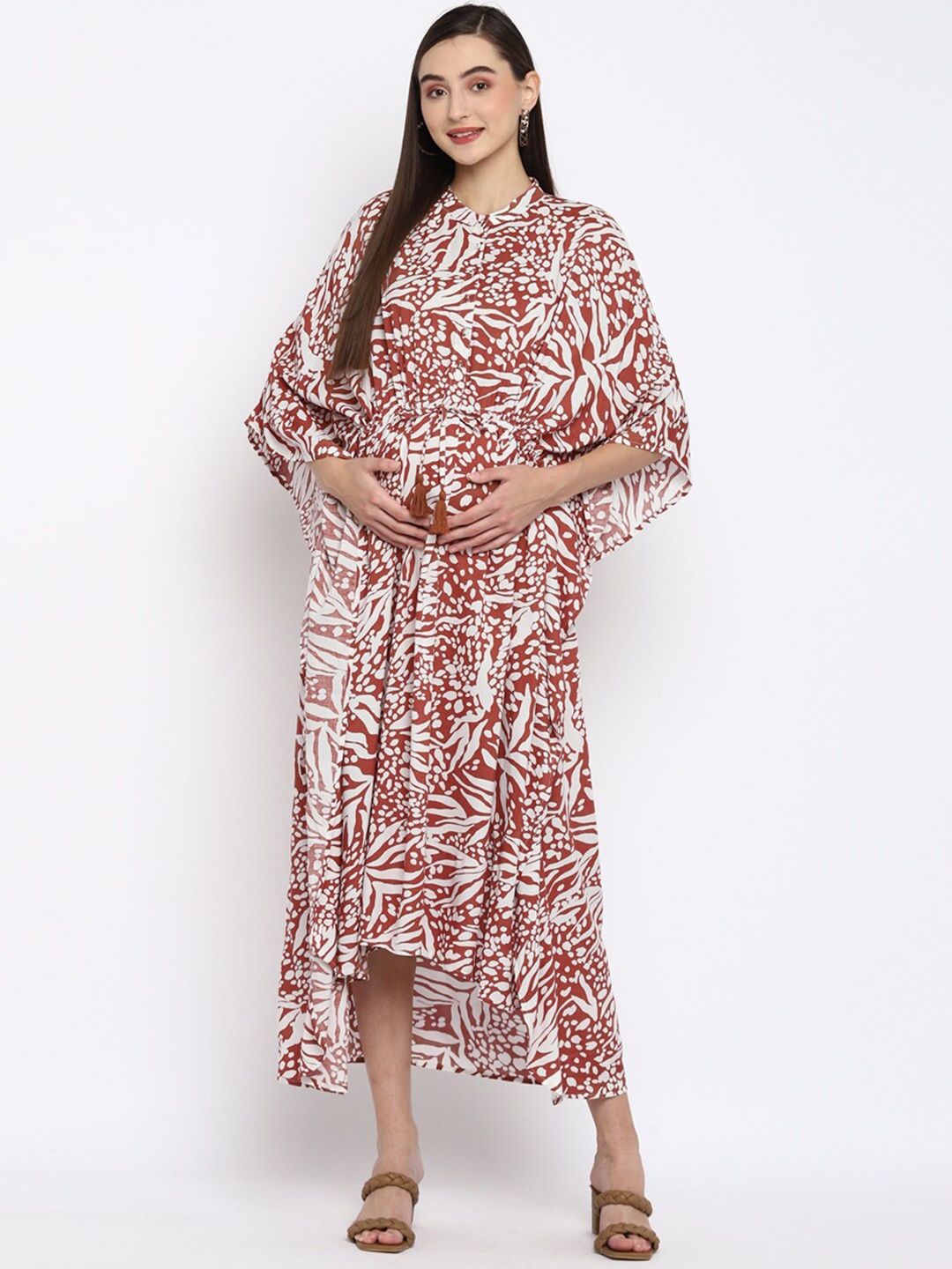 

Momsoon Maternity Women White & Orange Animal High Low Hem Maternity Kaftan Midi Dress