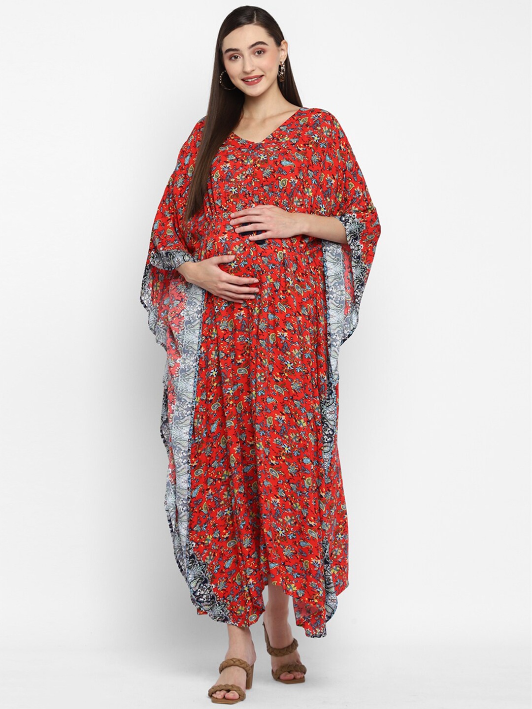 

Momsoon Maternity Women Orange Floral Maternity Kaftan Maxi Dress