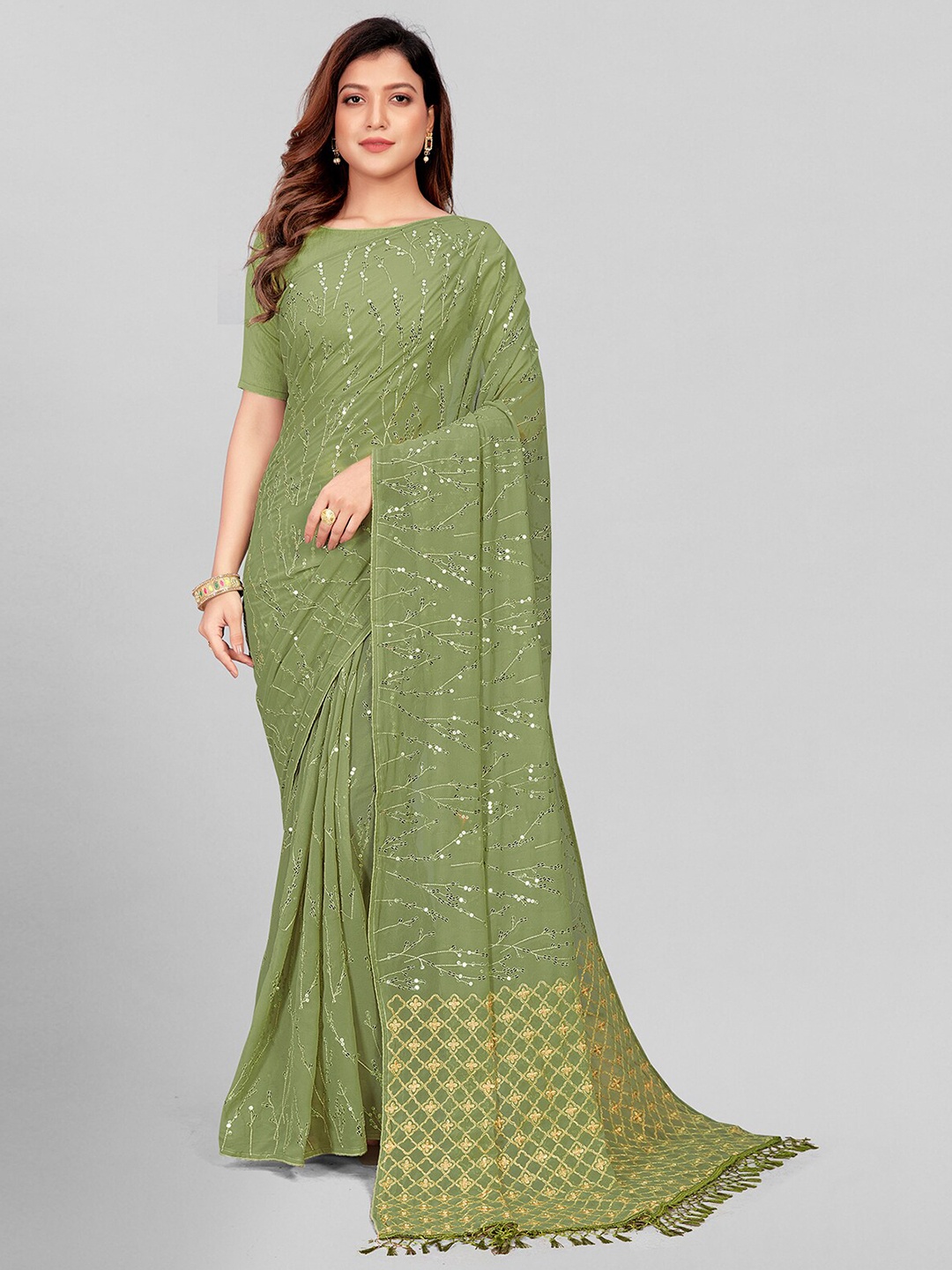 

Granthva Fab Women Fluorescent Green Embellished Sequinned Pure Georgette Saree