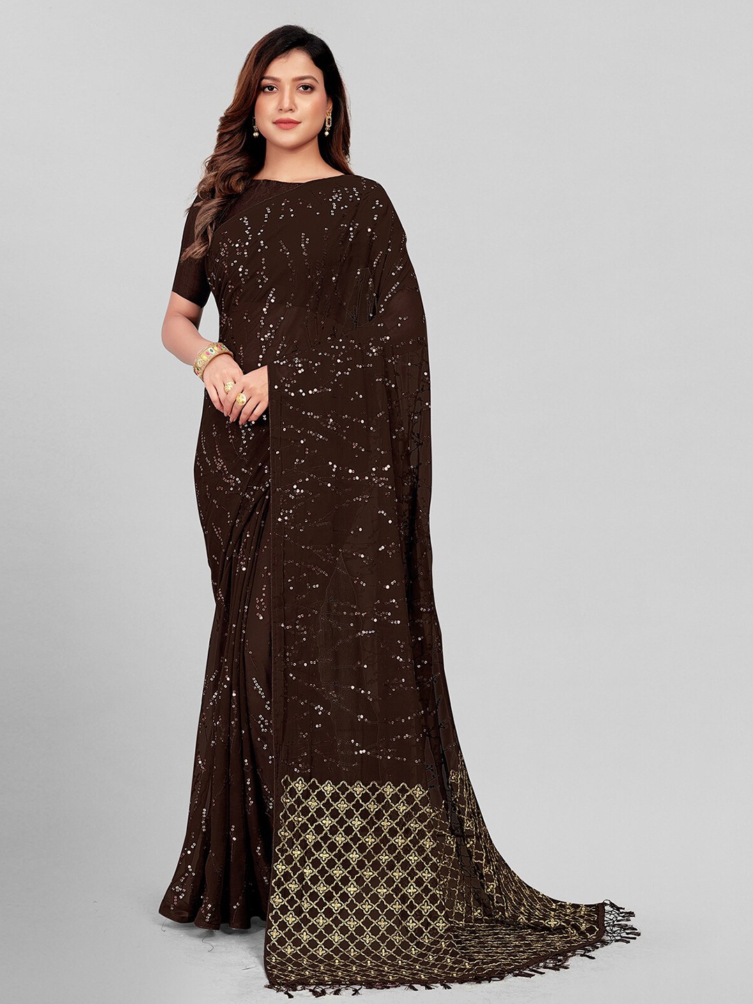 

Granthva Fab Brown Embellished Sequinned Pure Georgette Saree