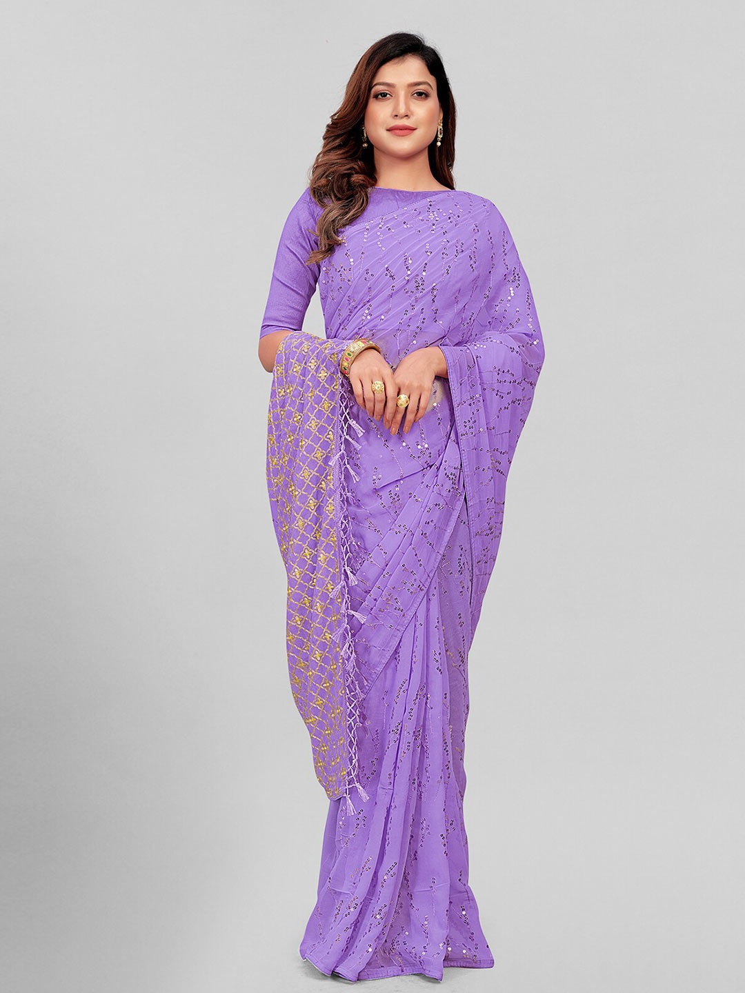 

Granthva Fab Purple & Gold-Toned Embellished Sequinned Pure Georgette Saree