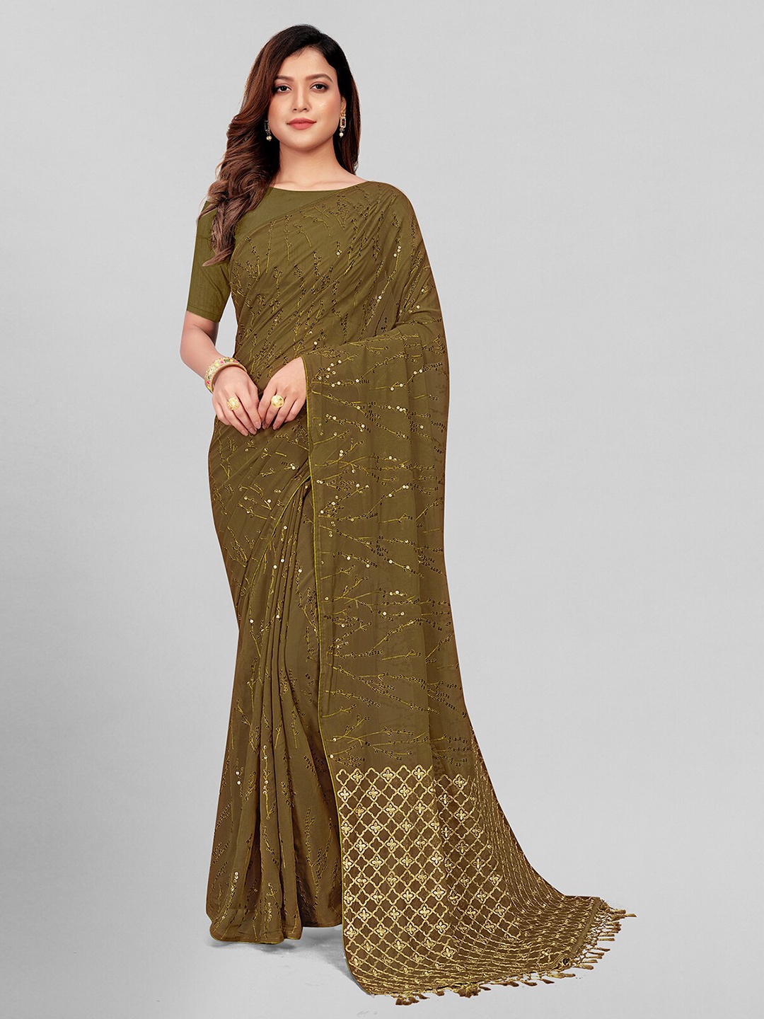 

Granthva Fab Olive Green & Gold-Toned Sequinned Pure Georgette Saree