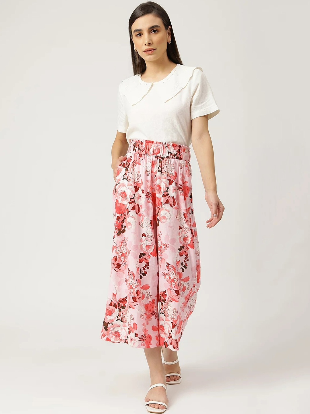 

Marks & Spencer Women Pink Floral Printed High-Rise Pleated Culottes Trouser