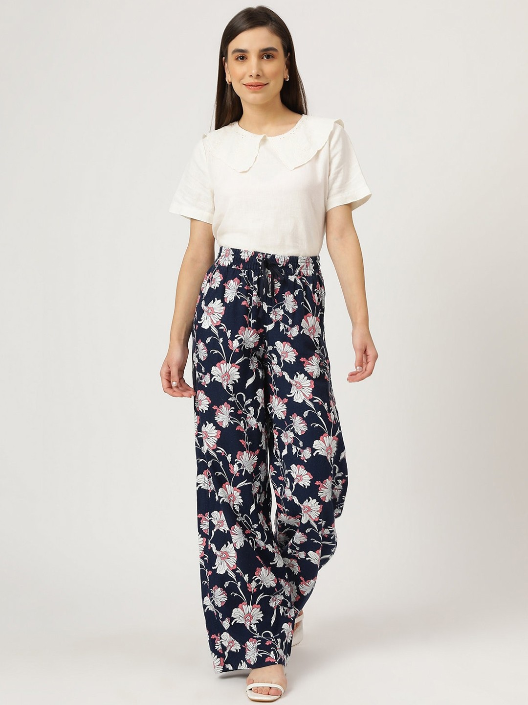 

Marks & Spencer Women Navy Blue Floral Printed High-Rise Trousers