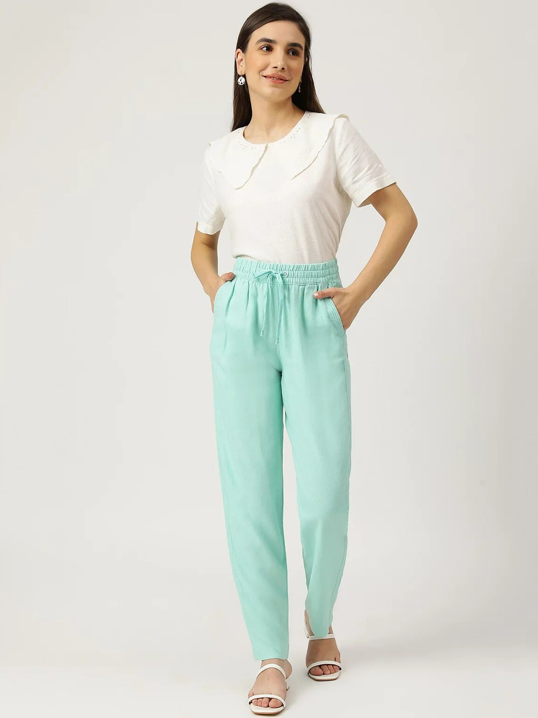 

Marks & Spencer Women Green Solid High-Rise Trousers