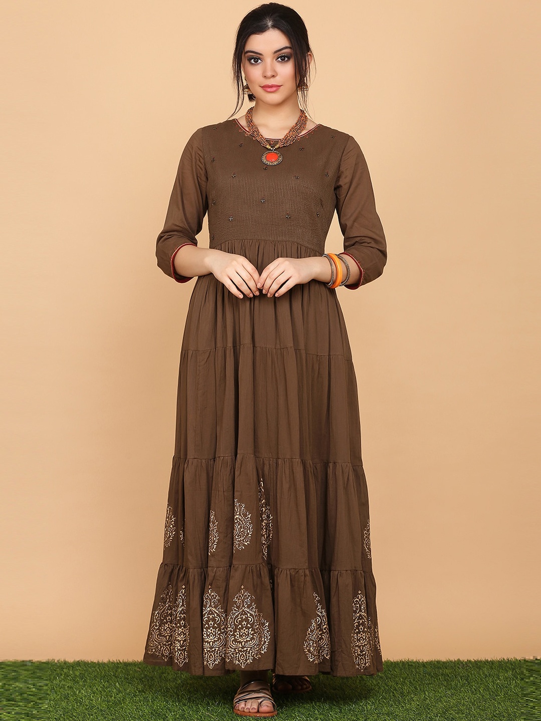

Saanjh Women Brown Ethnic Motifs Printed Anarkali Cotton Kurta