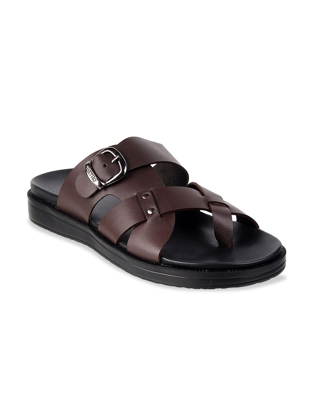 

Metro Men Brown & Black Solid Leather Comfort Sandals