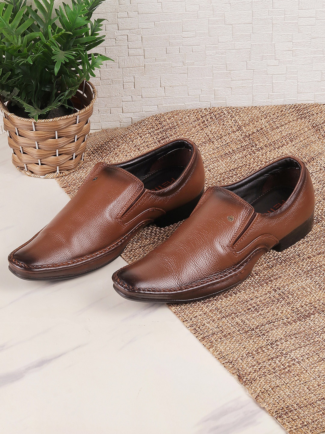 

Metro Men Tan Brown Solid Leather Slip-Ons