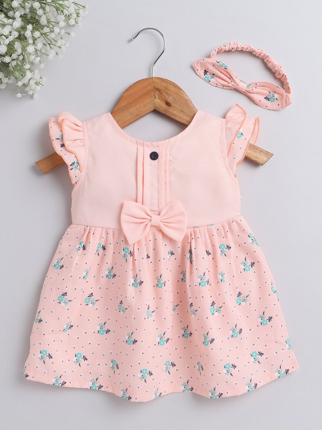 

The Magic Wand Girls Peach-Colored & Blue Floral Printed A-Line Dress
