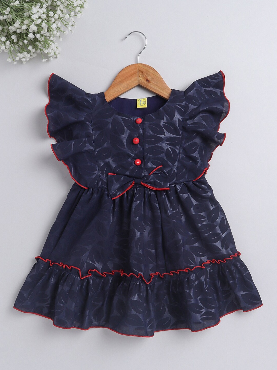 

The Magic Wand Kids Girls Navy Blue Self Design Flutter Sleeves Dress