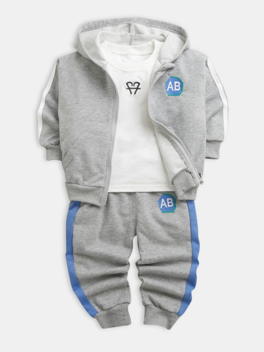 

Hopscotch Kids Boys Grey And White Pure Cotton Top With Trouser And Hooded Jacket