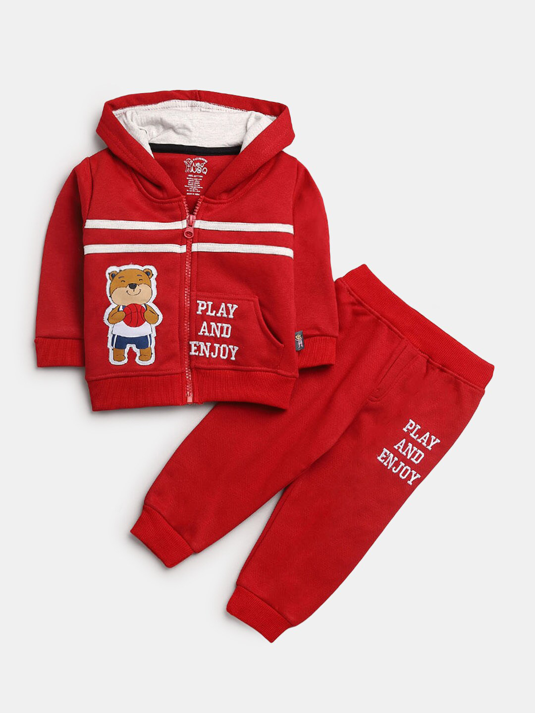 

Hopscotch Boys Red Printed Pure Cotton Hooded Top with Pyjama Set