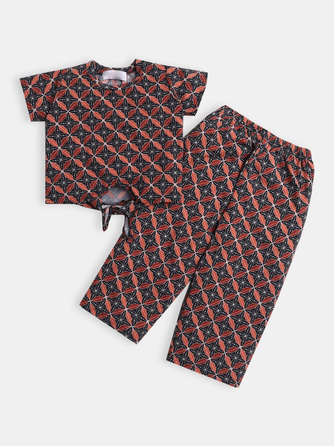 

Hopscotch Girls Black & Peach-Coloured Printed T-shirt with Pyjamas