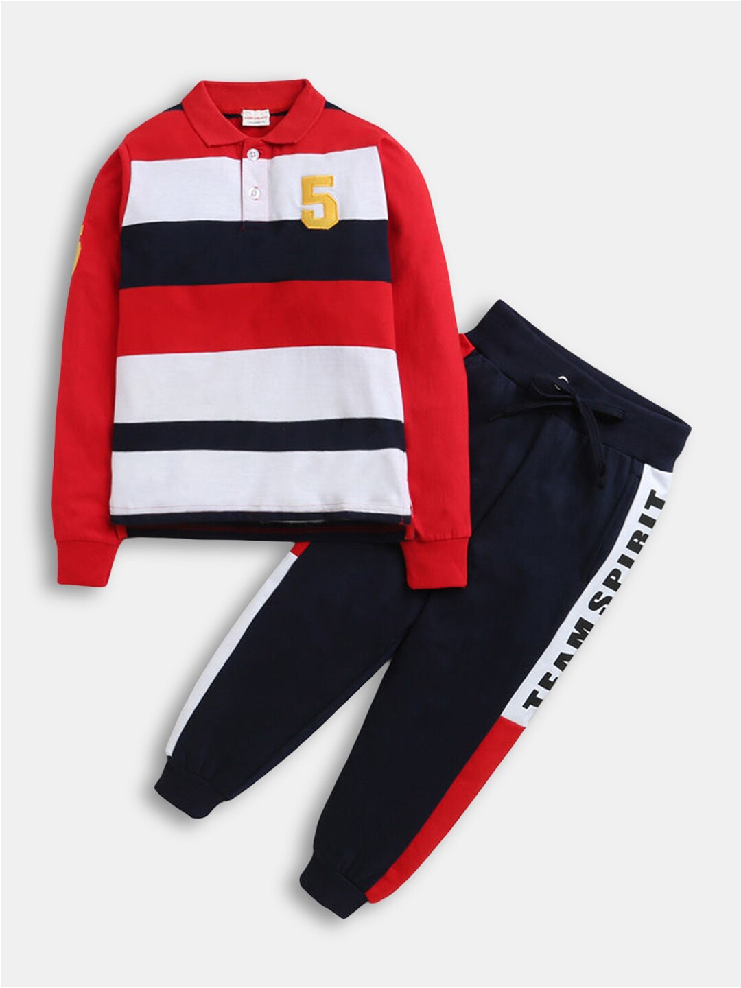 

Hopscotch Boys Red & White Striped Cotton Polo T-shirt with Jogger Trouser Set