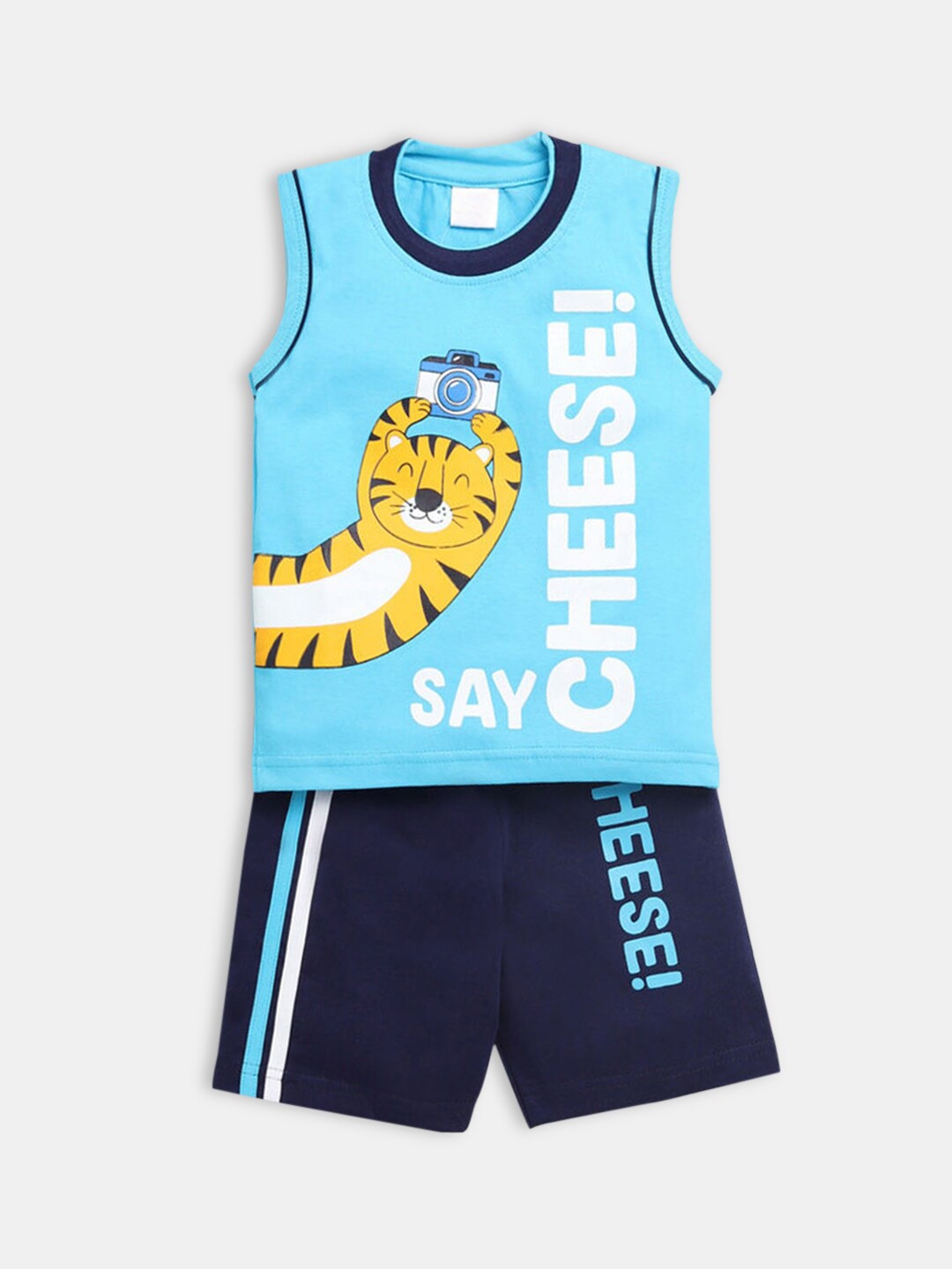 

Hopscotch Kids Boys Blue And White Printed Sleeveless Pure Cotton T Shirt With Shorts
