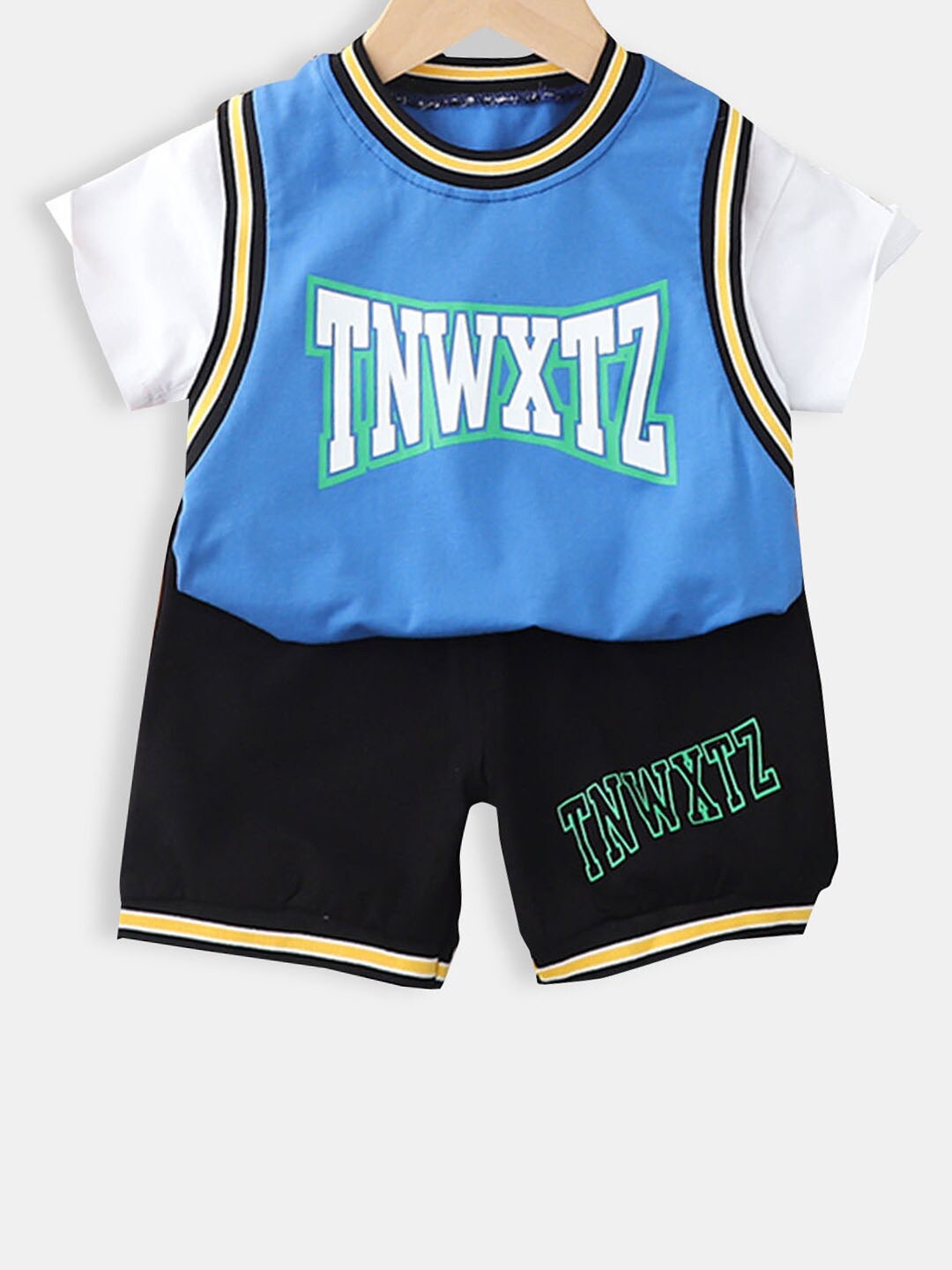 

Hopscotch Boys Blue & White Printed Pure Cotton T-shirt with Shorts