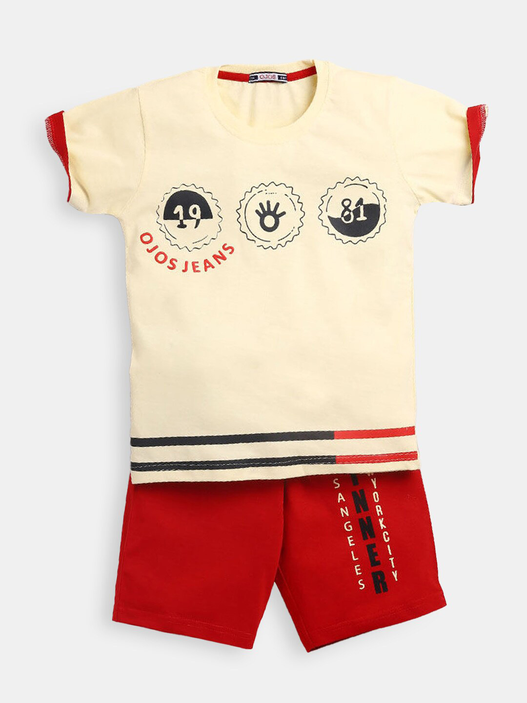 

Hopscotch Boys Cream-Coloured & Red Printed Pure Cotton Top with Short