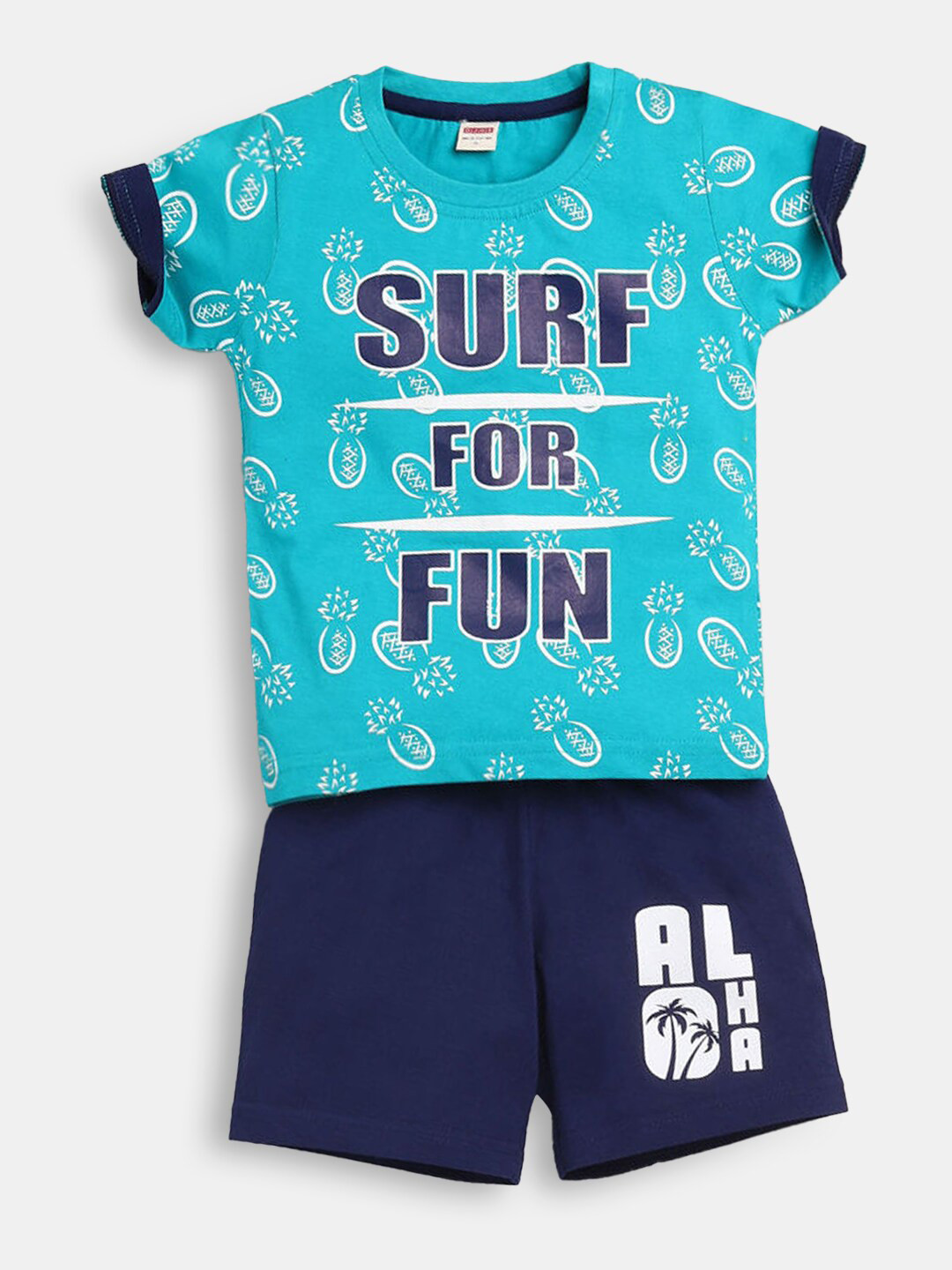 

Hopscotch Boys Turquoise Blue & Blue Printed T-shirt with Shorts
