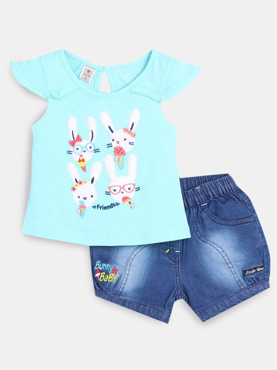 

Hopscotch Girls Blue & White Pure Cotton Printed Top with Short
