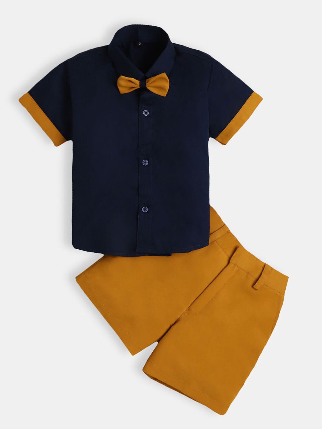 

Hopscotch Boys Yellow & Black Cotton Shirt with Shorts Set with Bow