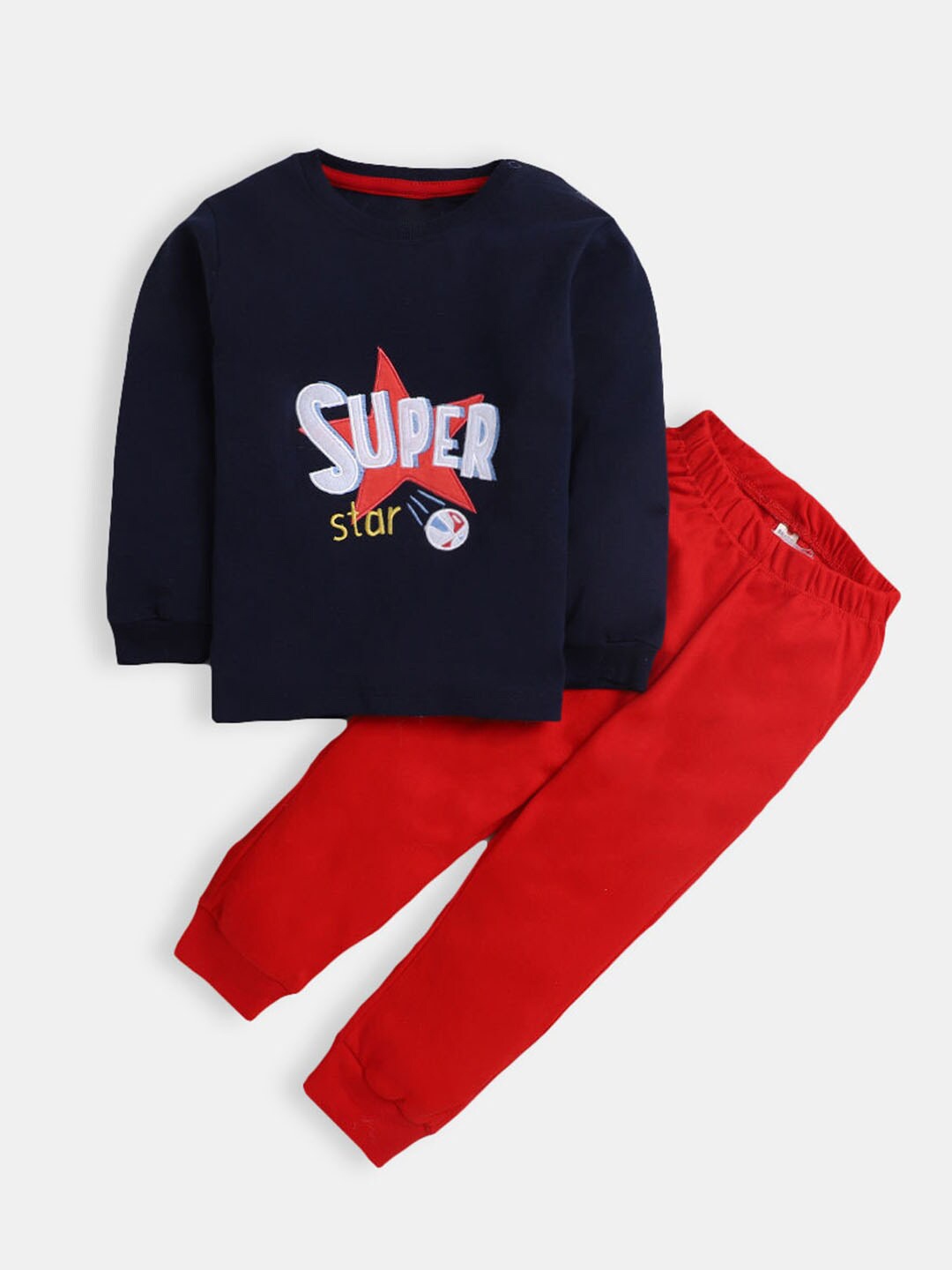 

Hopscotch Boys Navy Blue & Red Printed T-shirt with Jogger Pyjama Set