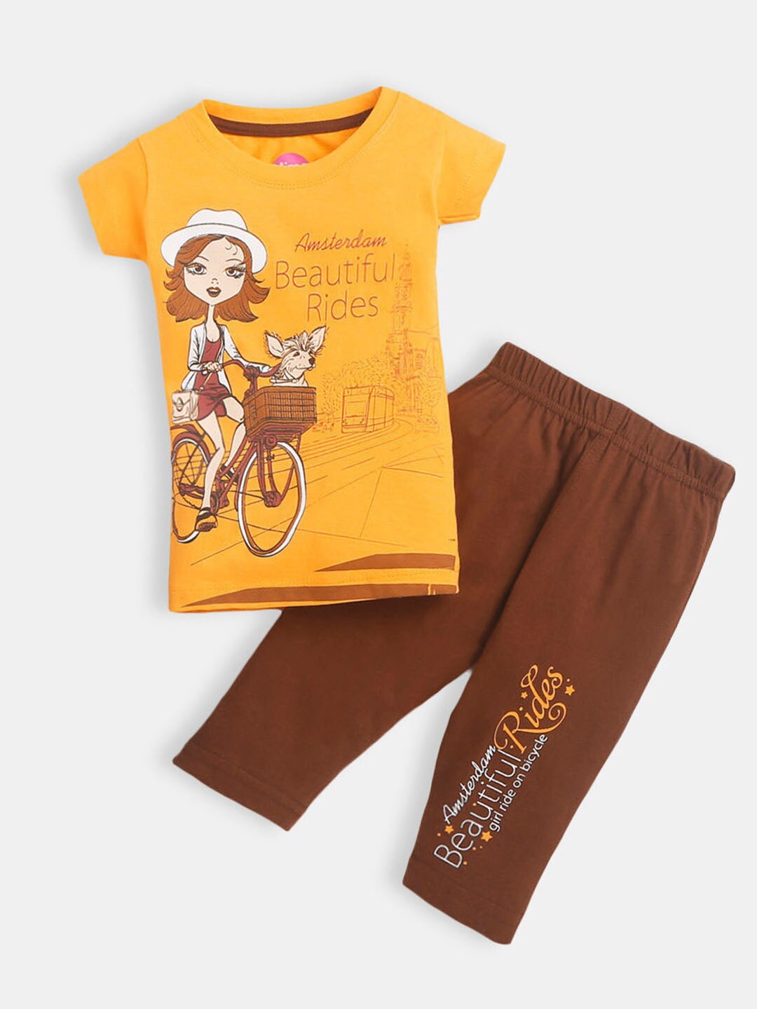 

Hopscotch Girls Yellow & Brown Printed T-shirt with Pyjamas