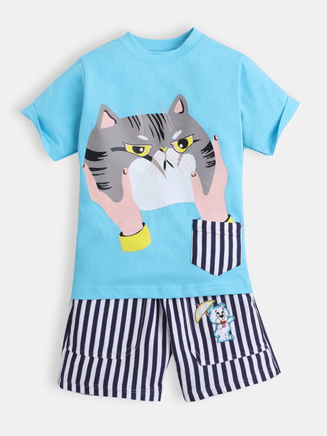 

Hopscotch Boys Blue & Navy Blue Printed Pure Cotton T-shirt with Shorts
