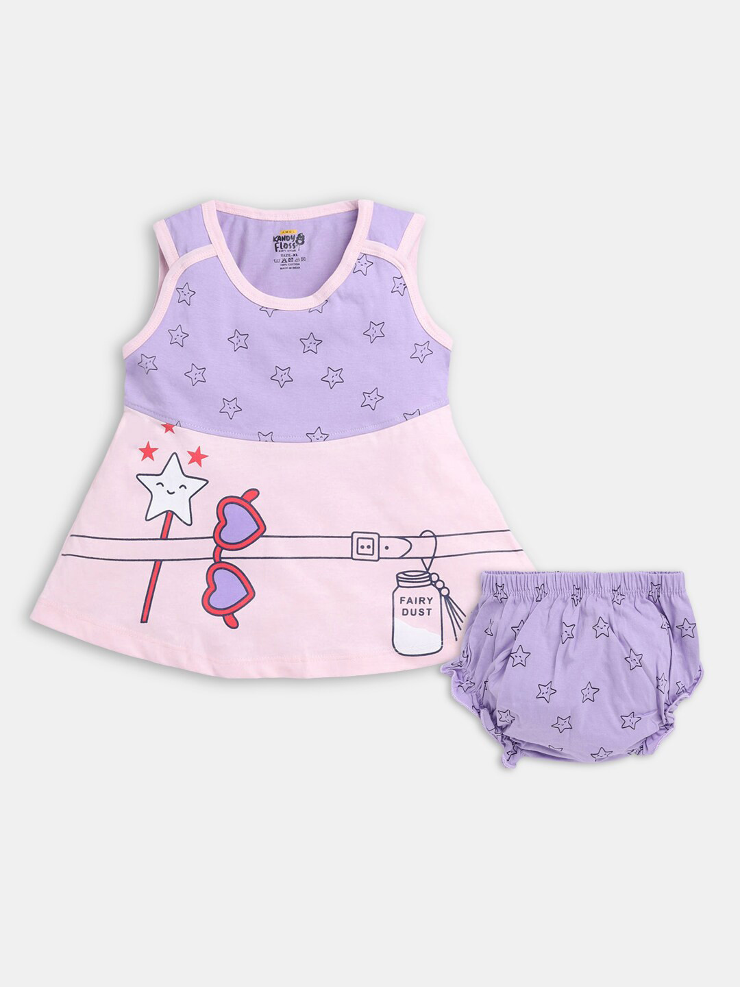 

Hopscotch Girls Purple & Peach-Coloured Printed Dress With Bloomer