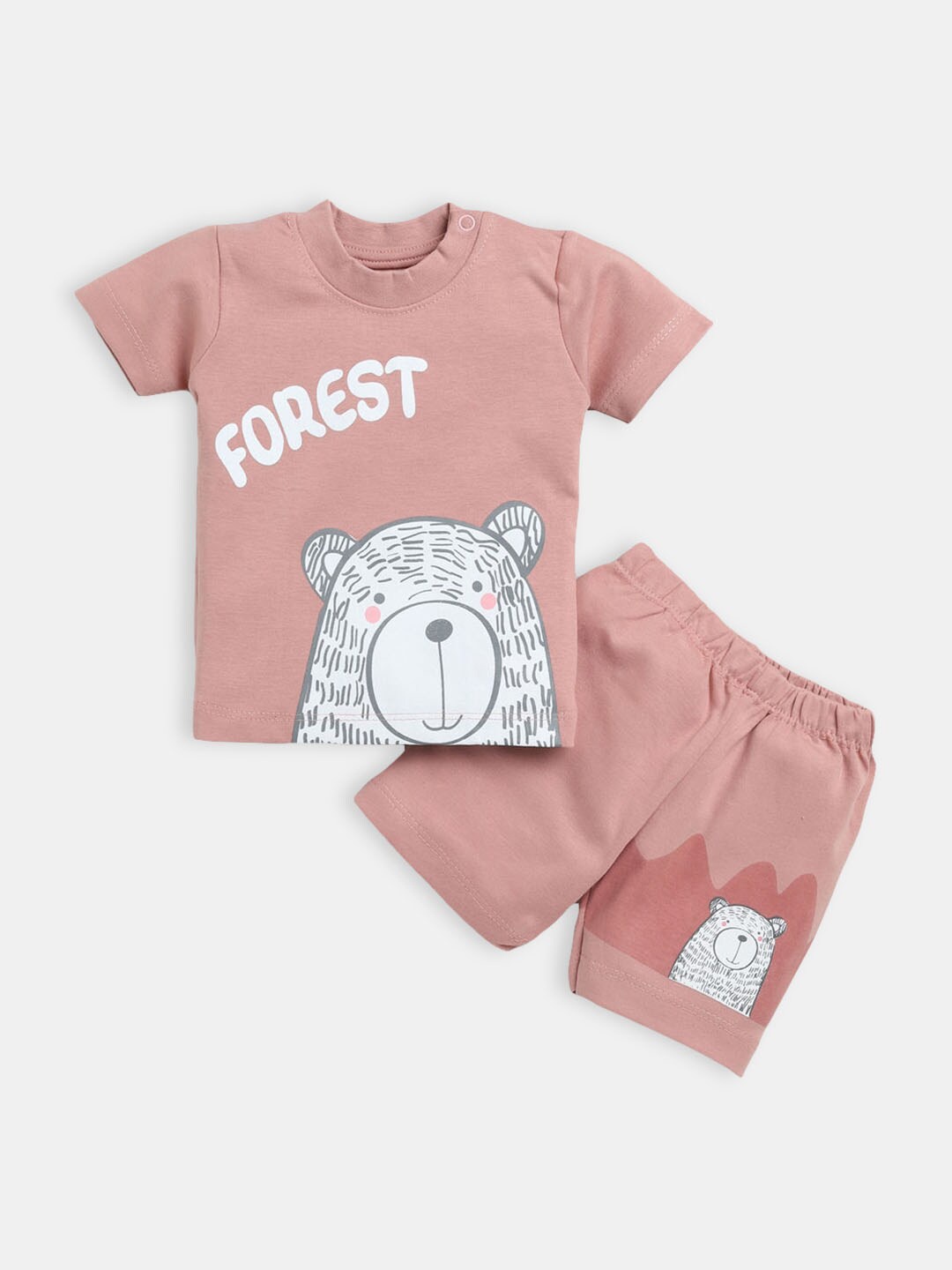 

Hopscotch Girls Peach-Coloured & White Printed Pure Cotton T-shirt with Shorts