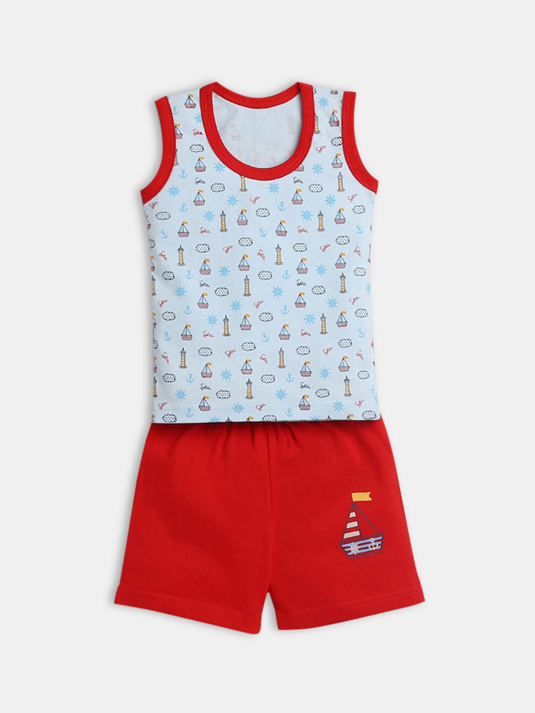

Hopscotch Boys Blue & Red Printed Pure Cotton T-shirt with Shorts