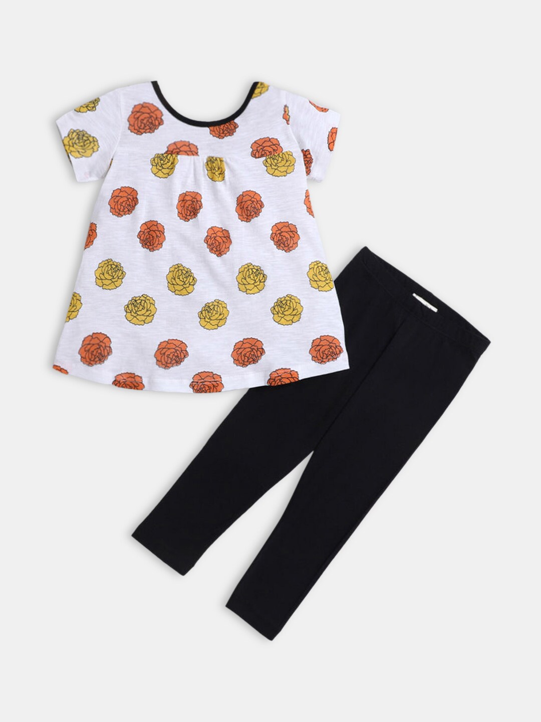 

Hopscotch Girls White & Black Printed Pure Cotton Top with Leggings