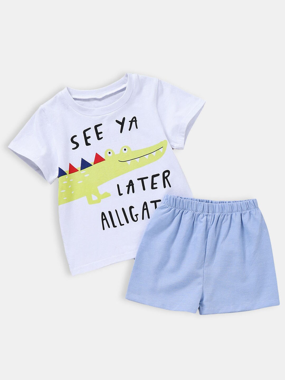 

Hopscotch Boys White & Blue Printed T-shirt with Shorts