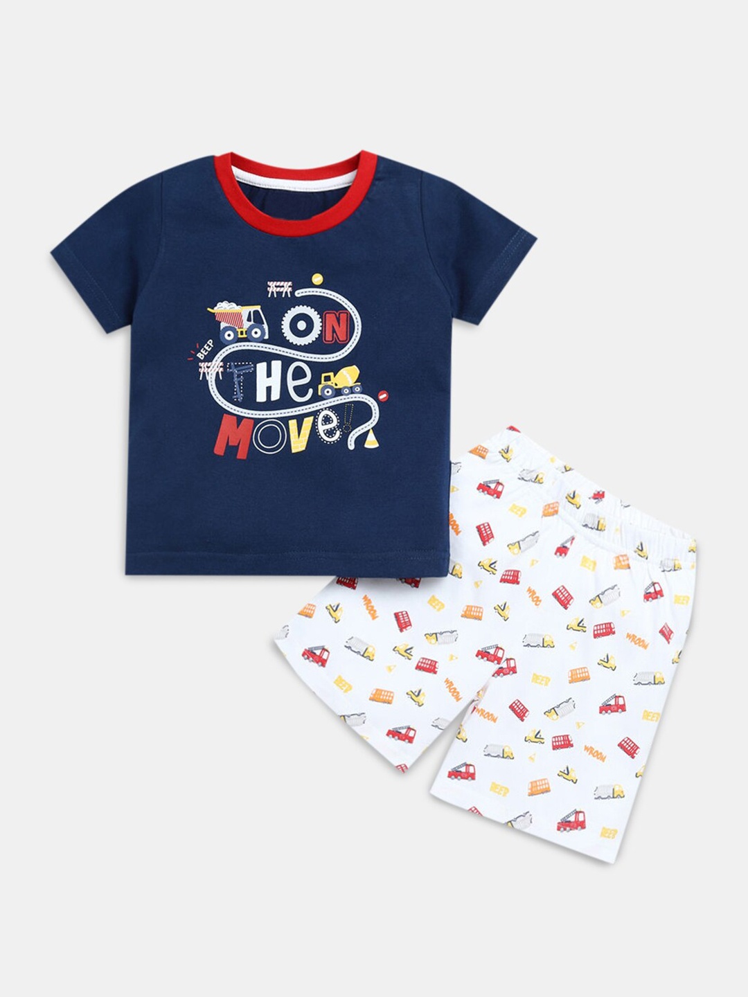

Hopscotch Boys Navy Blue & White Printed Cotton T-shirt with Short Set