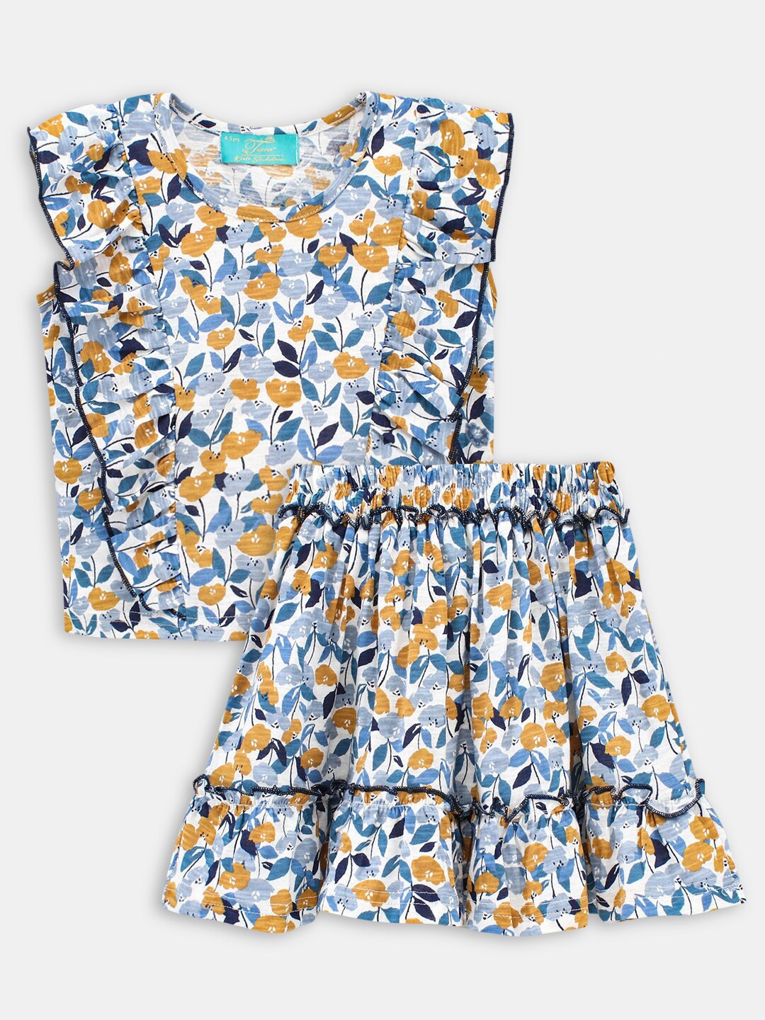 

Hopscotch Girls Navy Blue & White Printed Pure Cotton Top with Skirt