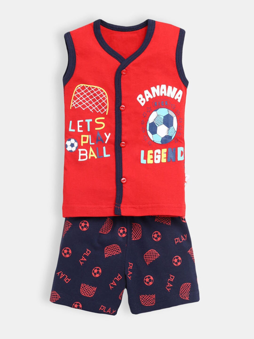 

Hopscotch Boys Red & Navy Blue Printed Pure Cotton T-shirt with Shorts
