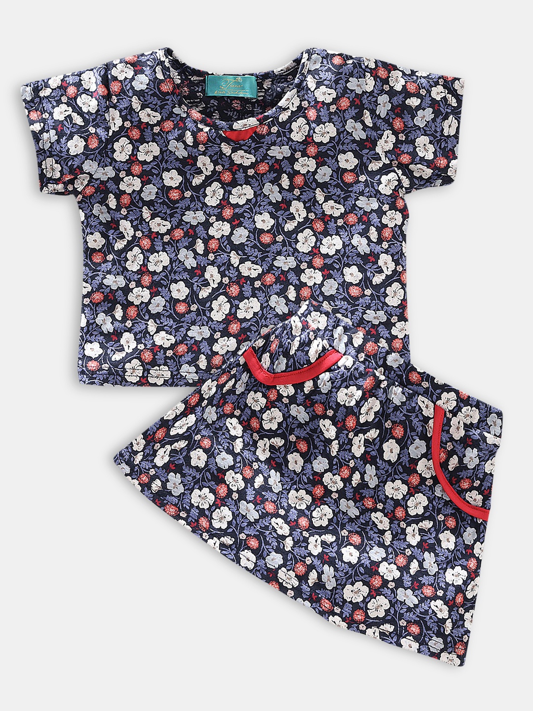 

Hopscotch Girls Blue & Red Pure Cotton Printed Top with Skirt