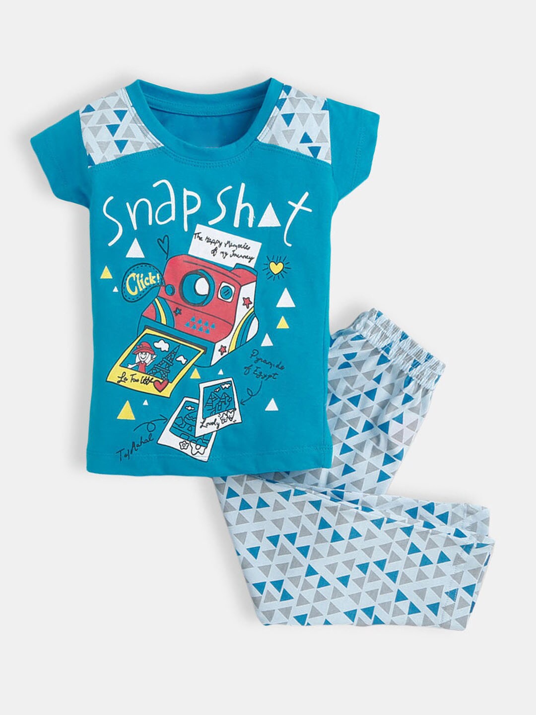 

Hopscotch Girls Blue & Grey Printed Pure Cotton T-shirt with Trousers