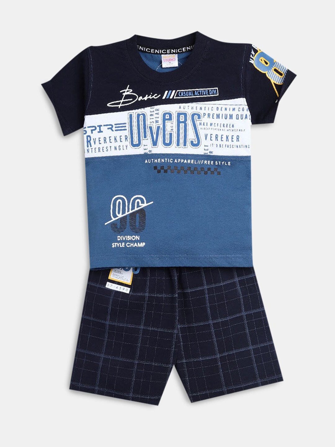 

Hopscotch Boys Navy Blue & Blue Printed T-shirt with Shorts