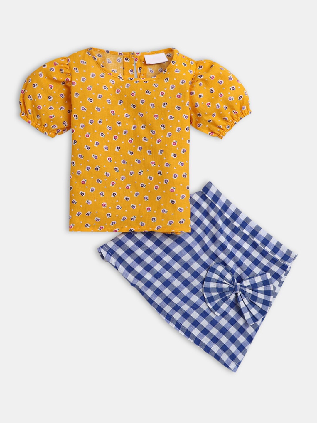 

Hopscotch Girls Yellow & Blue Printed Viscose Rayon T-shirt with Skirt