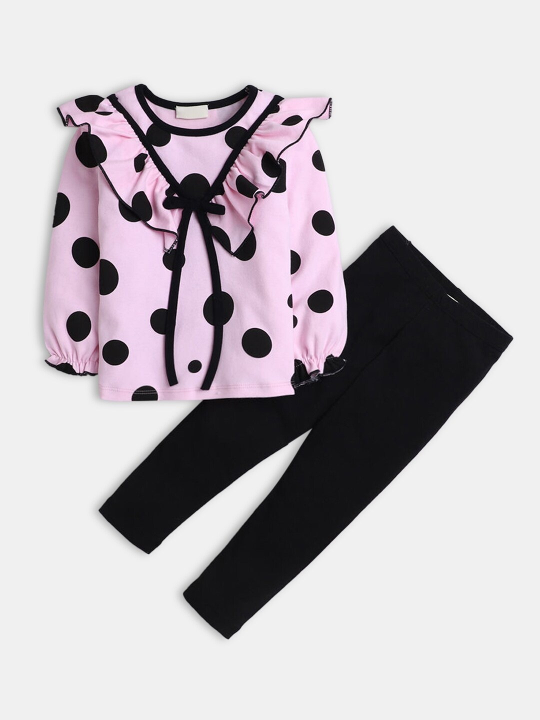 

Hopscotch Girls Pink & Black Printed Pure Cotton Top with Leggings