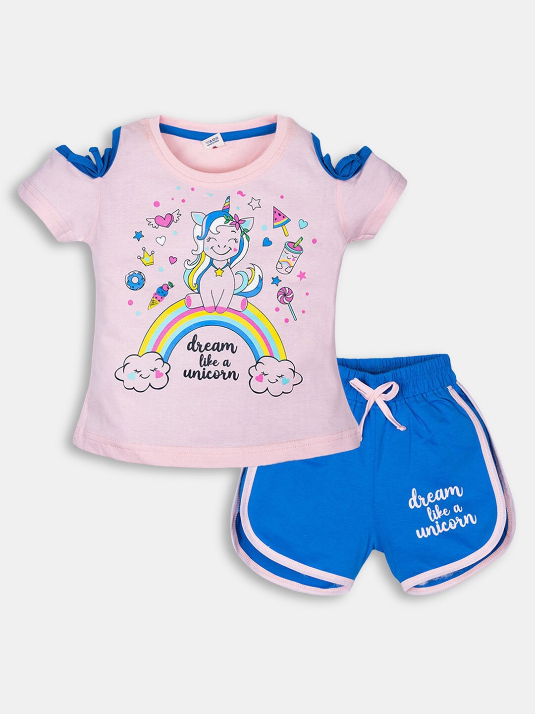 

Hopscotch Girls Pink & Blue Graphic Printed Pure Cotton T-shirt with Shorts