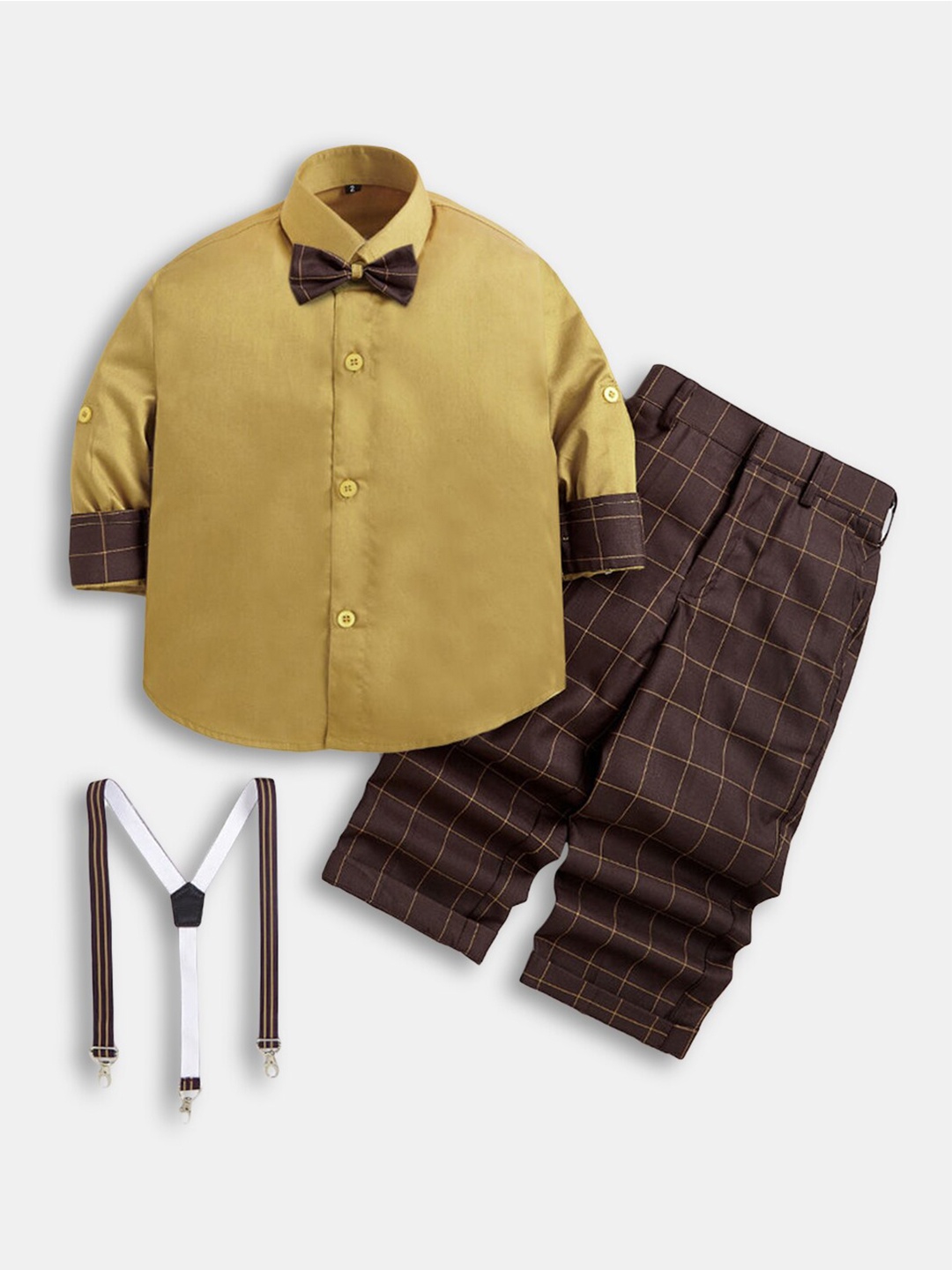 

Hopscotch Boys Coffee Brown & Beige Solid Shirt with Checked Trousers
