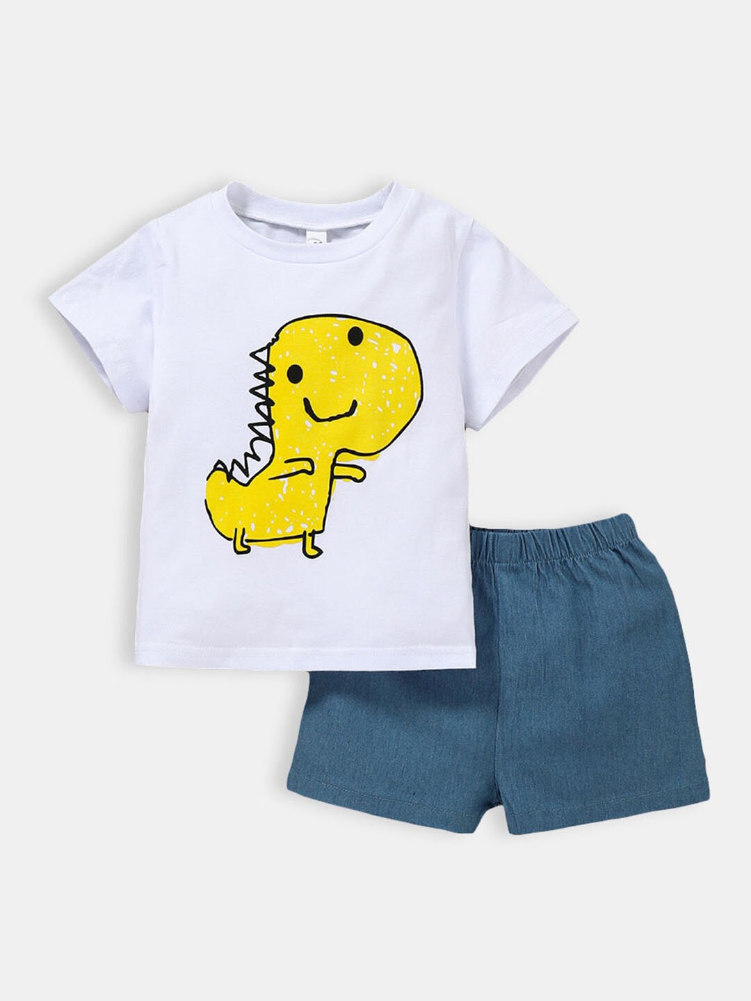 

Hopscotch Boys White & Blue Cotton Printed T-shirt with Shorts Set