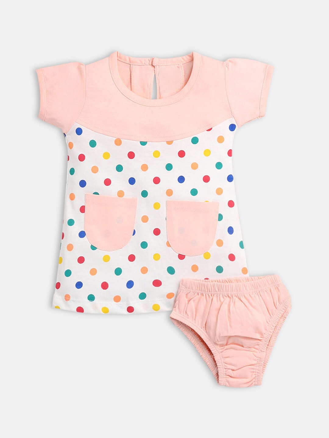 

Hopscotch Girls Peach-Coloured & White Cotton Printed Dress Set
