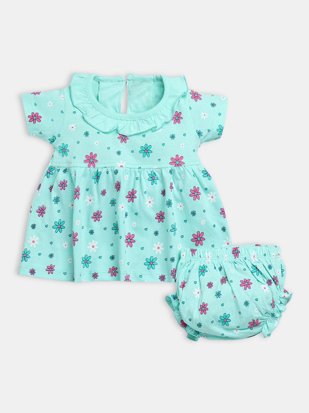 

Hopscotch Girls Green & Pink Cotton Printed Dress with Bloomer Set