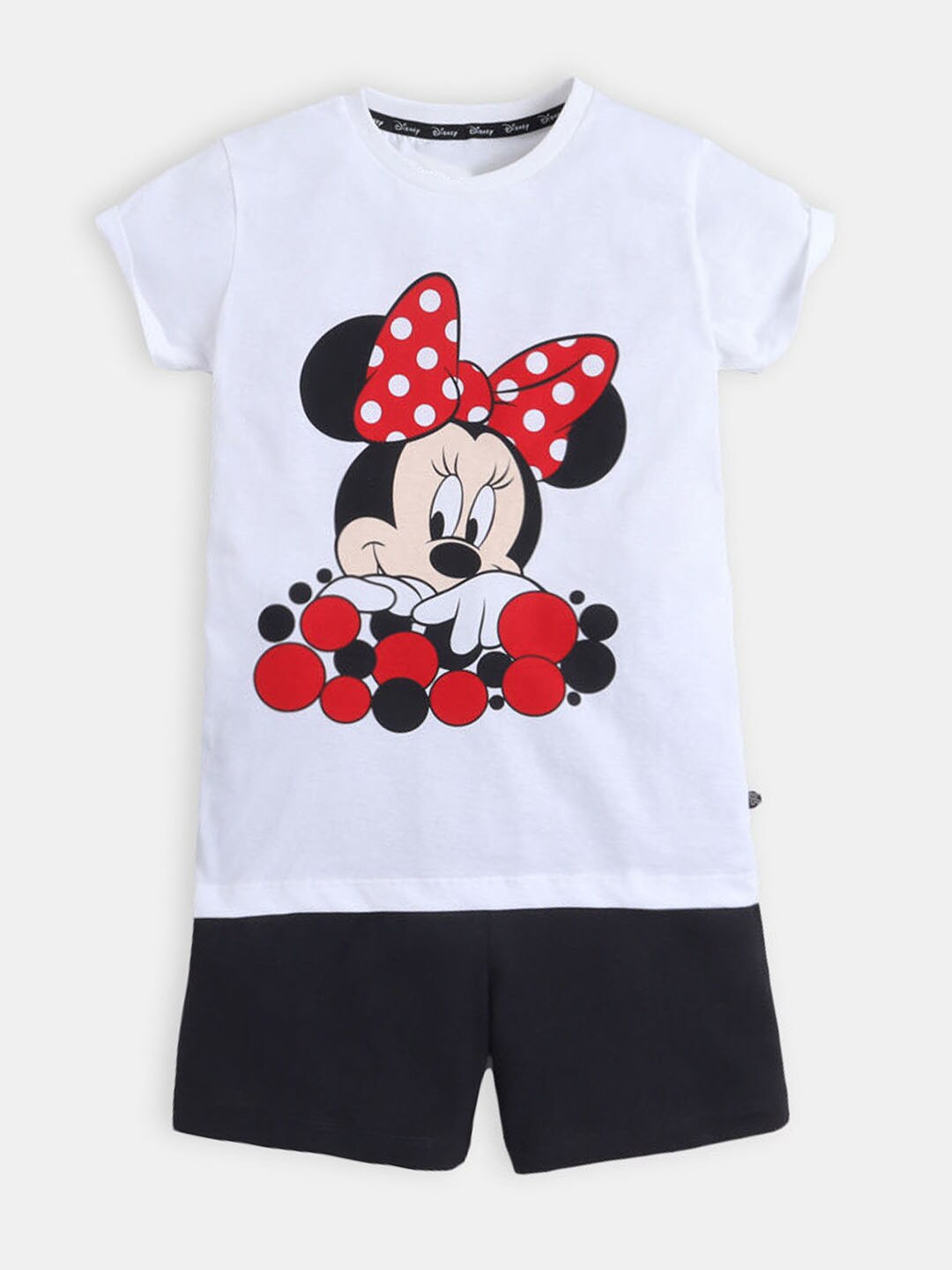 

Hopscotch Girls White & Black Minnie Mouse Printed Printed T-shirt with Short Set